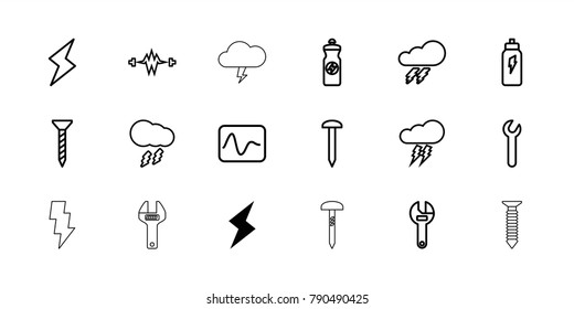 Bolt icons. set of 18 editable outline bolt icons: flash, thunder, nail, screw, wrench, energy drink, electricity, thunderstorm