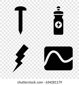 Bolt icons set. set of 4 bolt filled icons such as flash, nail, energy drink