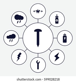 bolt icons set. Set of 9 bolt filled icons such as flash, nail, energy drink, thunderstorm, energetic drink, wrench