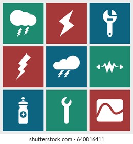 Bolt icons set. set of 9 bolt filled icons such as thunder, flash, wrench, energy drink, thunderstorm