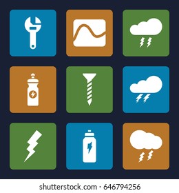 Bolt icons set. set of 9 bolt filled icons such as thunder, flash, screw, wrench, energy drink, thunderstorm, energetic drink