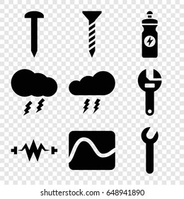 Bolt icons set. set of 9 bolt filled icons such as nail, screw, wrench, energy drink, thunderstorm