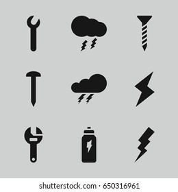 Bolt icons set. set of 9 bolt filled icons such as thunder, flash, nail, screw, wrench, thunderstorm