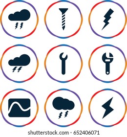 Bolt icons set. set of 9 bolt filled icons such as thunder, flash, screw, wrench, thunderstorm