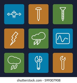 bolt icons set. Set of 9 bolt outline icons such as thunder, flash, nail, screw, wrench, thunderstorm