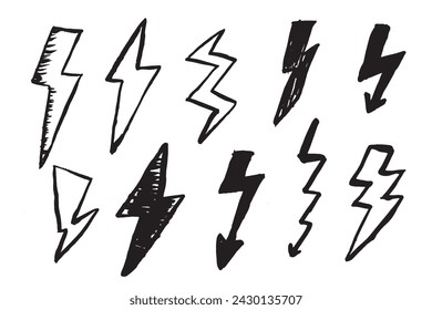 Ein Blitz der Inspiration. Handgezeichnete Vektor-Illustrationen von elektrischen Blitzsymbolen für Konzeptdesign