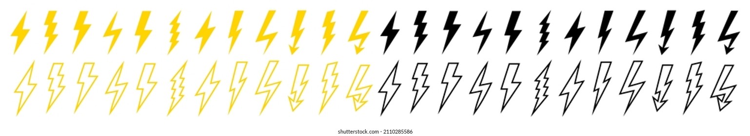 Tornillo, iluminar iconos vectoriales truenos. Tornillo con símbolos de flecha de flash de energía eléctrica. Señales, logos de luz, poder, tormenta. Tormenta eléctrica plana amarilla impacta la ilustración. Gráfico de historieta de voltaje de choque.