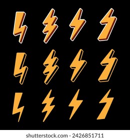 Bolt, lighting thunder vector icons. Thunderbolt electric energy flash arrow symbols. Signs, logos of light, power, storm. Flat yellow thunderstorm strikes illustration. Shock voltage cartoon graphic.