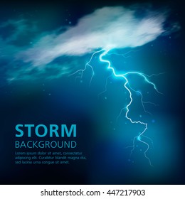 Bolt of lightning background in blue color with illuminated half transparent clouds in night sky vector illustration