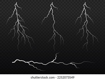 Bolt lightning or electricity blast storm or thunderbolt on transparent background. Realistic thunderstorm and lighting. Light white and shine, abstract, electricity and explosion. Vector illustration