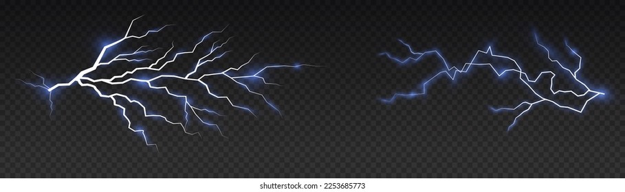 Bolt lightning or electricity blast storm or thunderbolt on transparent background. Light and shine, abstract, electricity and explosion. Realistic thunderstorm and blue lighting. Vector illustration.