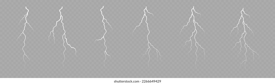Bolt lightning or electricity blast storm or thunderbolt on transparent background. Light and shine, abstract, electricity and explosion. Realistic thunderstorm, white lighting. Vector illustration.
