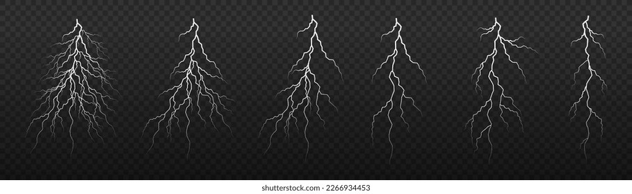 Bolt lightning or electricity blast storm or thunderbolt on transparent background. Light and shine, abstract, electricity and explosion. Realistic thunderstorm, white lighting. Vector illustration.