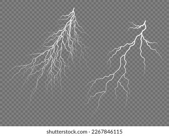 Bolt lightning or electricity blast storm or thunderbolt on transparent background. Realistic thunderstorm, white lighting. Light and shine, abstract, electricity and explosion. Vector illustration.