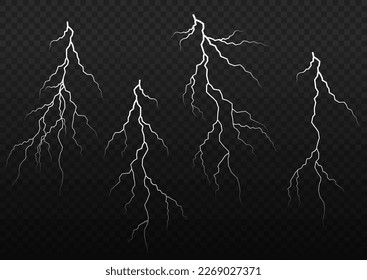 Bolt lightning or electricity blast storm or thunderbolt on transparent background. Light and shine, abstract, electricity and explosion. Realistic thunderstorm, white lighting. Vector illustration.