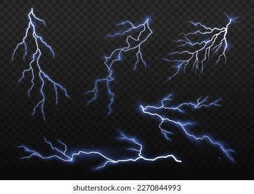 Tornillo de relámpago o ráfagas de electricidad sobre fondo transparente. Luz y brillo, abstracto, electricidad y explosión. Tormenta eléctrica realista, iluminación blanca y azul, vector.
