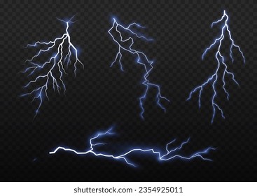 Blitze oder Stromschnellen Sturm oder Gewitter auf transparentem Hintergrund. Licht und Glanz, abstrakt, Strom und Explosion. Realistischer Gewitter und blaue Beleuchtung. Vektorgrafik.