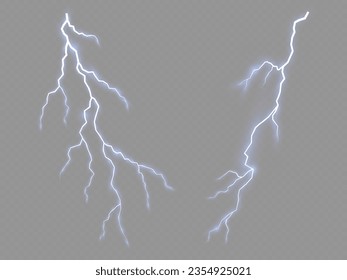 Tornillo de relámpago o ráfagas de electricidad sobre fondo transparente. Luz y brillo, abstracto, electricidad y explosión. Tormenta eléctrica realista e iluminación azul. Ilustración vectorial.