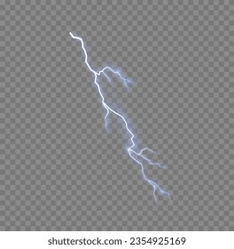 Bolt lightning or electricity blast storm or thunderbolt on transparent background. Light and shine, abstract, electricity and explosion. Realistic thunderstorm and blue lighting. Vector illustration.