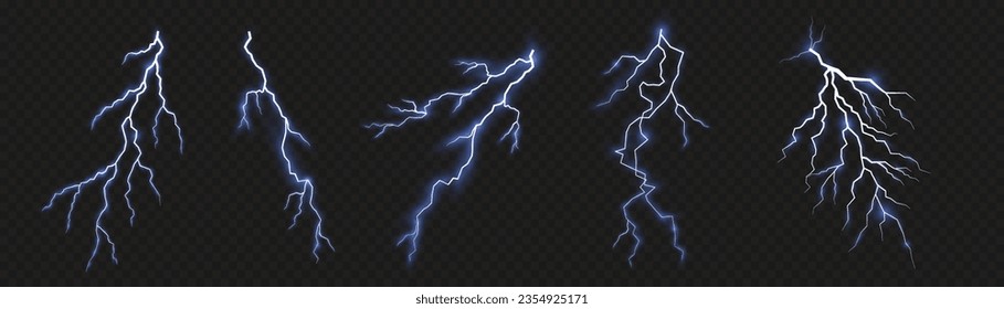 Bolt lightning or electricity blast storm or thunderbolt on transparent background. Light and shine, abstract, electricity and explosion. Realistic thunderstorm and blue lighting. Vector illustration.