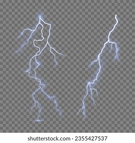 Tornillo de relámpago o ráfagas de electricidad sobre fondo transparente. Luz y brillo, abstracto, electricidad y explosión. Tormenta eléctrica realista e iluminación azul. Ilustración vectorial.