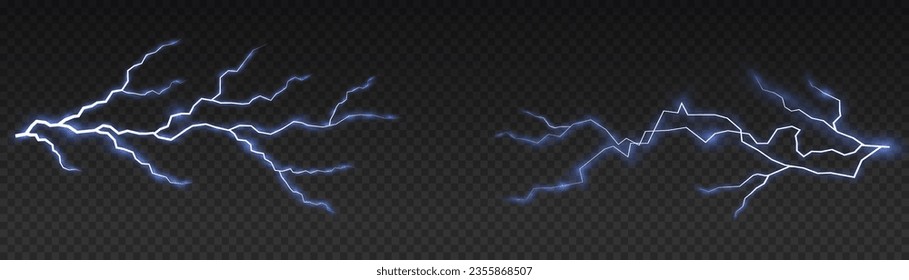 Bolt lightning or electricity blast storm or thunderbolt on transparent background. Light and shine, abstract, electricity and explosion. Realistic thunderstorm and blue lighting. Vector illustration.