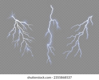 Tornillo de relámpago o ráfagas de electricidad sobre fondo transparente. Luz y brillo, abstracto, electricidad y explosión. Tormenta eléctrica realista e iluminación azul. Ilustración vectorial.