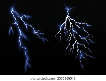 Bolt lightning or electricity blast storm or thunderbolt on transparent background. Light and shine, abstract, electricity and explosion. Realistic thunderstorm and blue lighting. Vector illustration.