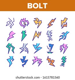 Bolt Lightning Flash Collection Icons Set Vector Thin Line. Electric Thunderbolt And Dangerous Lighting Bolt In Different Form Concept Linear Pictograms. Color Contour Illustrations