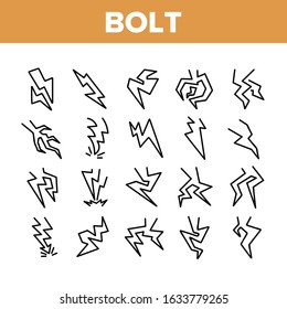 Bolt Lightning Flash Collection Icons Set Vector Thin Line. Electric Thunderbolt And Dangerous Lighting Bolt In Different Form Concept Linear Pictograms. Monochrome Contour Illustrations