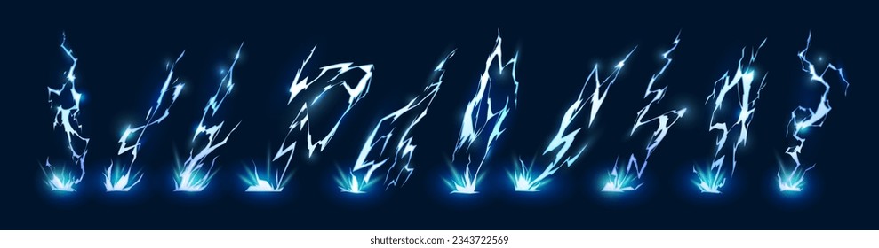 Bolt and lightning realistic thunderbolt, flat cartoon vector illustration set. Bad weather conditions, powerful flash of light, charged with electricity. Bright current in zig zags