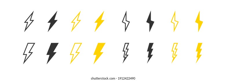 Bolt lightning set icon. Yellow and black cartoon sign symbol. Vector isolated illustration