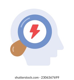 Bolt with magnifier and human mine denoting flat vector of brain energy search
