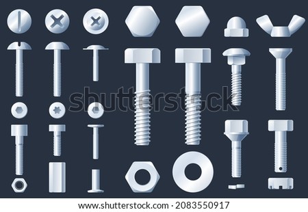 Bolt. Metal fasteners with nuts. Top and side view of different types of steel bolts. Tools for construction and repair. 3D vector illustration