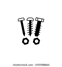 Tornillo, uñas, tuercas, remaches, icono de rosca en forma plana y negra sólida icono de glifo, aislado en fondo blanco 