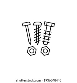 Bolt, nail, nut, rivet, screw icon in flat black line style, isolated on white background 