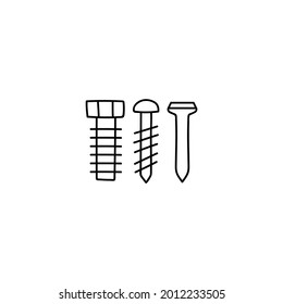 Bolt, nail, nut, rivet, screw icon in flat black line style, isolated on white background 