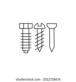 Bolt, nail, nut, rivet, screw icon in flat black line style, isolated on white background 