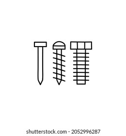 Bolt, nail, nut, rivet, screw icon in flat black line style, isolated on white background 