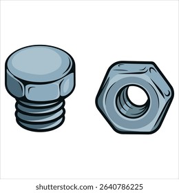 Bolt and nut cartoon vector, isolated on white. Ideal for hardware manuals, mechanic tools, and industrial designs.