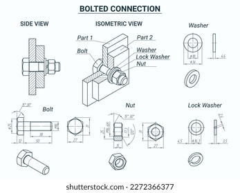 Bolznussverbindung. Vektortechnisches Plakat mit zweiteiliger Bolzenverbindung. Bolzen, Nuss, Wespe, Sicherungsscheibe - Seitenansicht mit Abmessungen und isometrischer Zeichnung. Bearbeitbare Linienstärke.