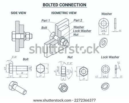 Bolt nut connection. Vector technical poster with bolted connection of two parts. Bolt, nut, washer, lock washer - side view with dimensions and isometric drawing. Editable line thickness.