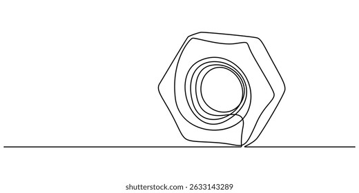 porca de parafuso ilustração de vetor de linha contínua, Porca um vetor de desenho de linha. vetor de desenho contínuo de uma linha. Desenho de uma única linha. Contorno de fundo vetor pro, Parafuso feminino, porca de metal.