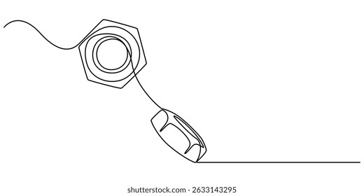 porca de parafuso ilustração de vetor de linha contínua, Porca um vetor de desenho de linha. vetor de desenho contínuo de uma linha. Desenho de uma única linha. Contorno de fundo vetor pro, Parafuso feminino, porca de metal.