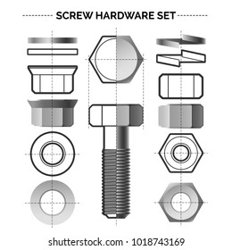 Bolt and nut set. Metal material bolts and steel nuts construction construction drawings vector illustration