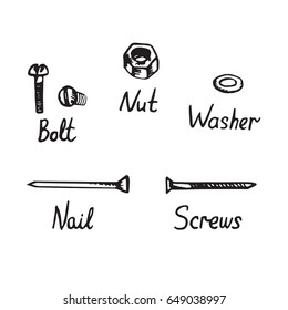 Bolt, nut, washer, nail and screw set, hand drawn doodle sketch in pop art style, vector illustration