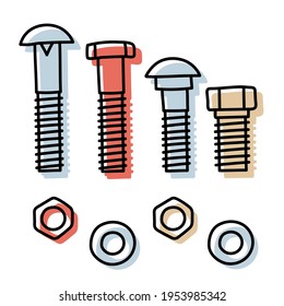 Bolt, nut, washer and screw vector set. Color doodle sketch illustration
