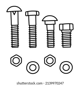 Bolt, nut, washer and screw vector set. Black doodle sketch illustration