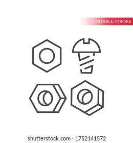 Bolt, screw or fastener with nut thin line vector icon. Outline, editable stroke.