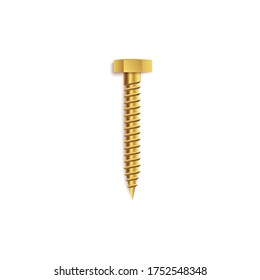 Bolt or screw hexagon head construction element 3d realistic vector illustration isolated on white background. Golden metal detail for industrial and repair related design.